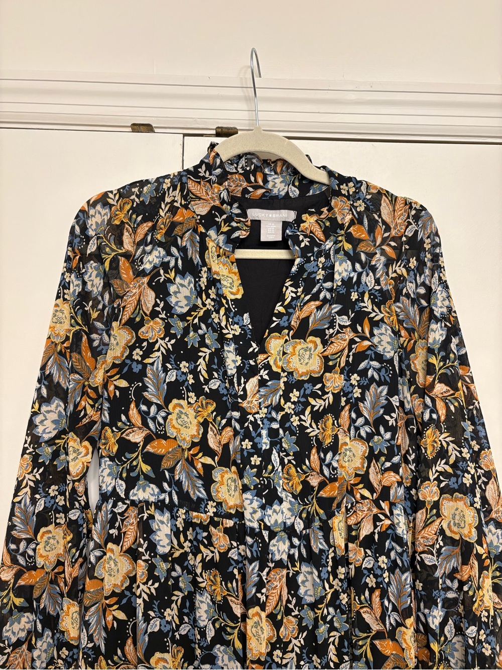 Lucky Brand Black Maxi Dress with Amber and Light Blue Floral Print